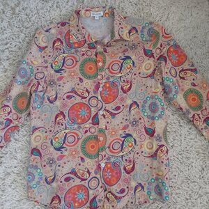 Cotton Linen Abstract Paisley Button Front Blouse  Lightweight breathable cotton